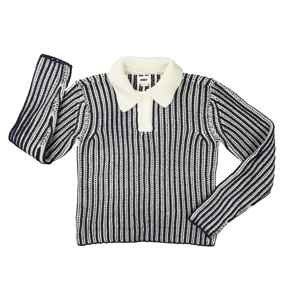 Obey Chunky Knit Collared Sweater Women's Large Blue White Stripe Preppy Street